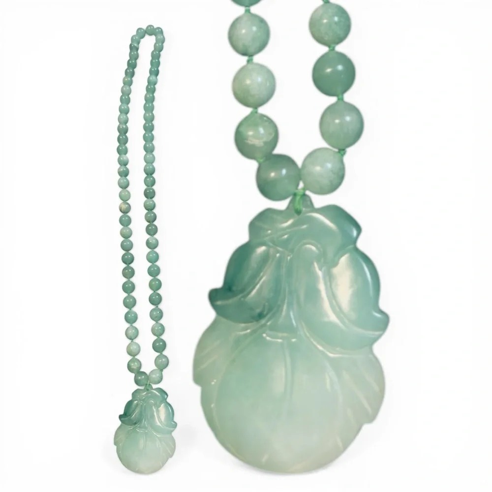 VTG Estate Pendant Necklace Apple Green Jade Hand Carved Floral Hong Kong 26” - Picture 2 of 11